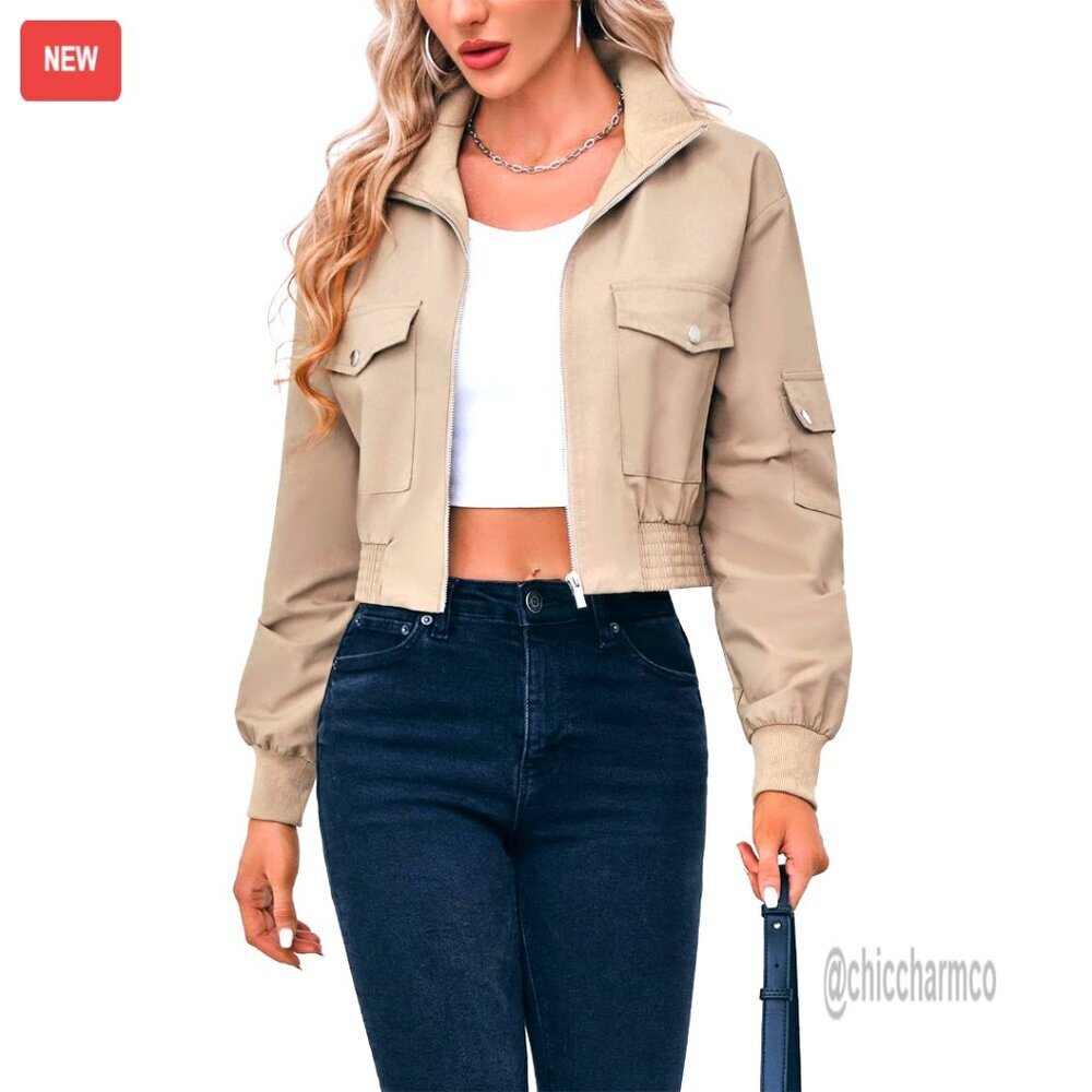 Women's Cropped Bomber Jacket Lightweight Zip Up Stand Collar Long Sleeve